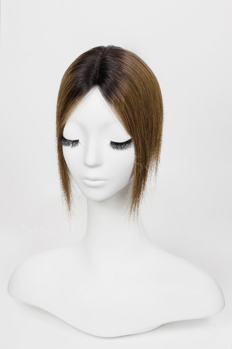 Mona Handmade Human Hair Topper Natural Black Root with Medium Ash Brown