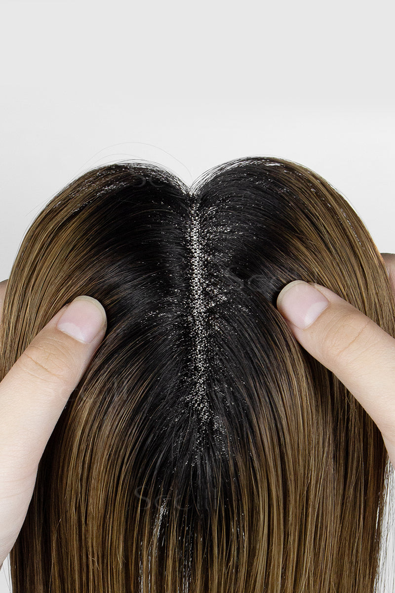 Mona Handmade Human Hair Topper Natural Black Root with Medium Ash Brown