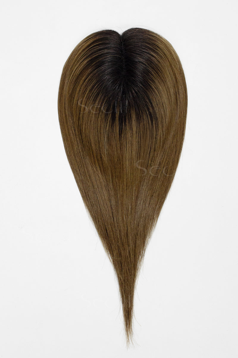 Mona Handmade Human Hair Topper Natural Black Root with Medium Ash Brown