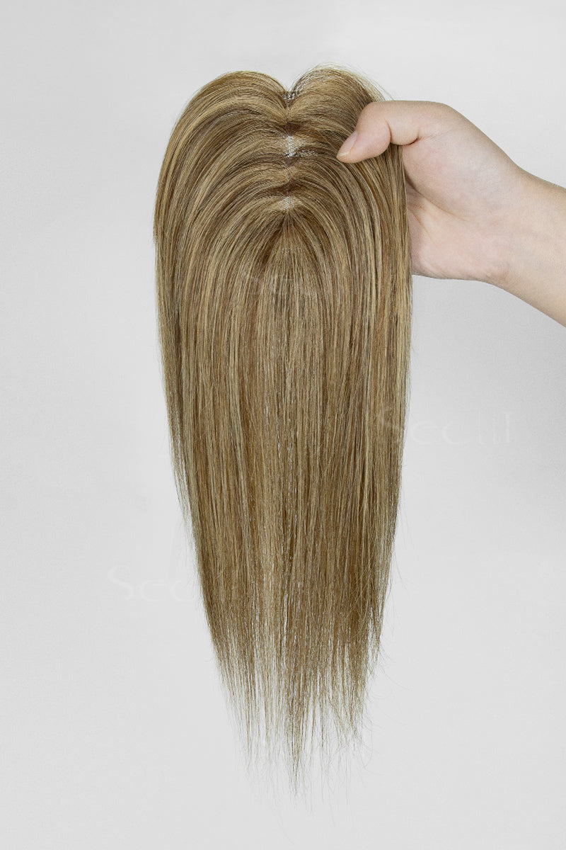Mona Handmade Human Hair Topper Medium Brown with Warm Highlights