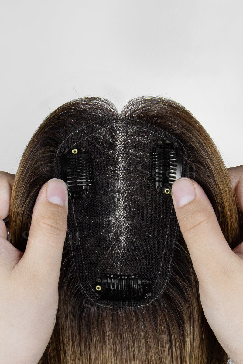 Mona Handmade Cabelo Humano Topper Sombreado com Castanho Médio T4/27