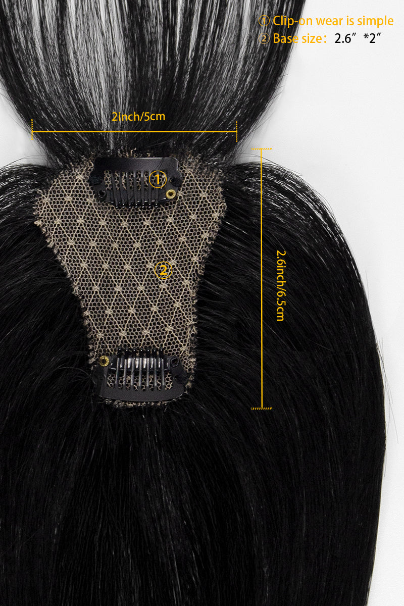 Black hair topper with measurement details on a white background