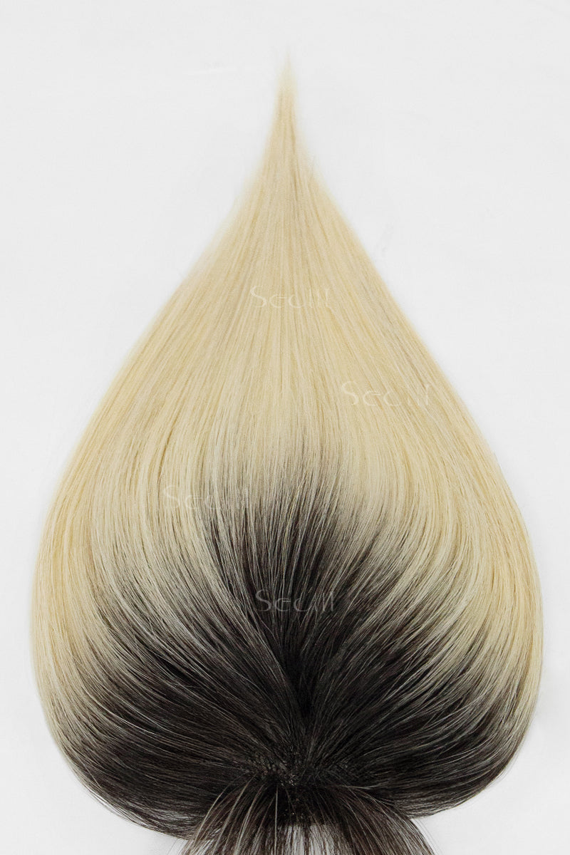 Hair color sample with gradient from blonde to black on a white background