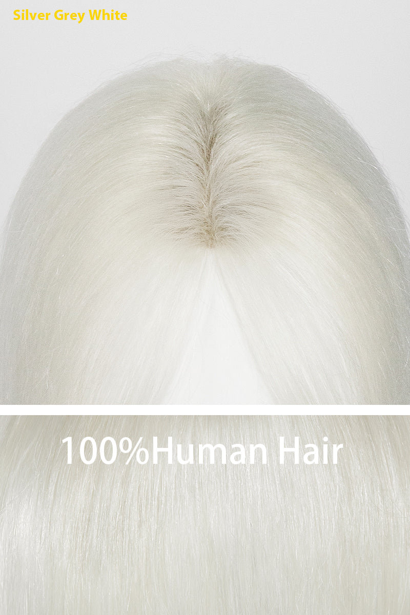 Close-up of silver gray white hair with &