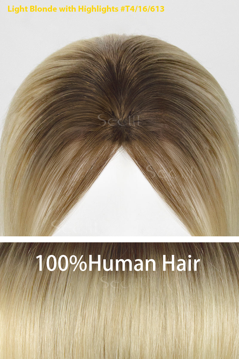 Light blonde hair topper with highlights on a white background, labeled as 100% human hair.
