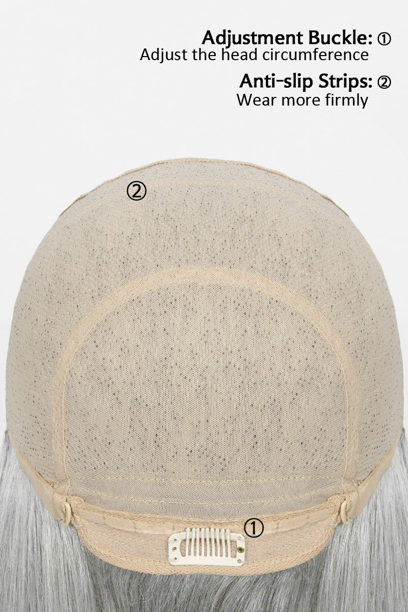 Wig cap with adjustment buckle and anti-slip strips on a white background
