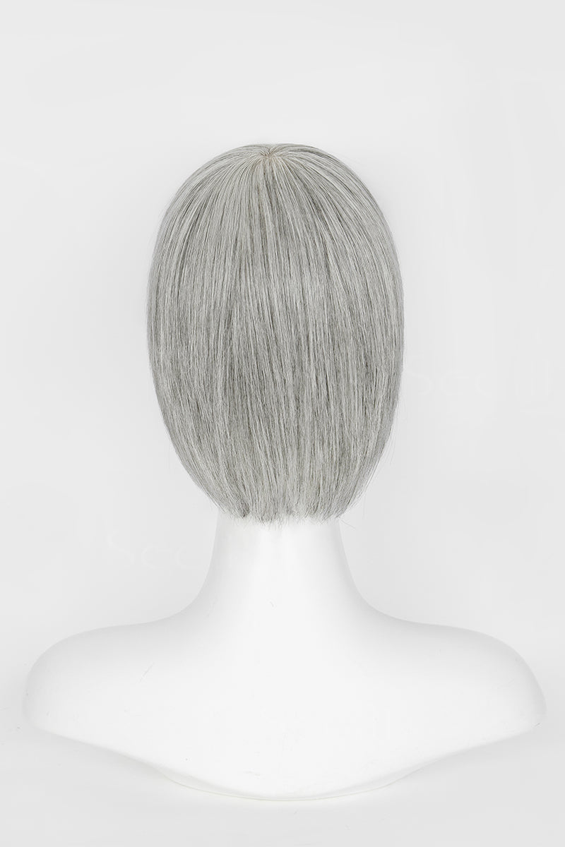 Silver-gray short bob wig on white mannequin head, back view showing smooth straight hair texture, light background