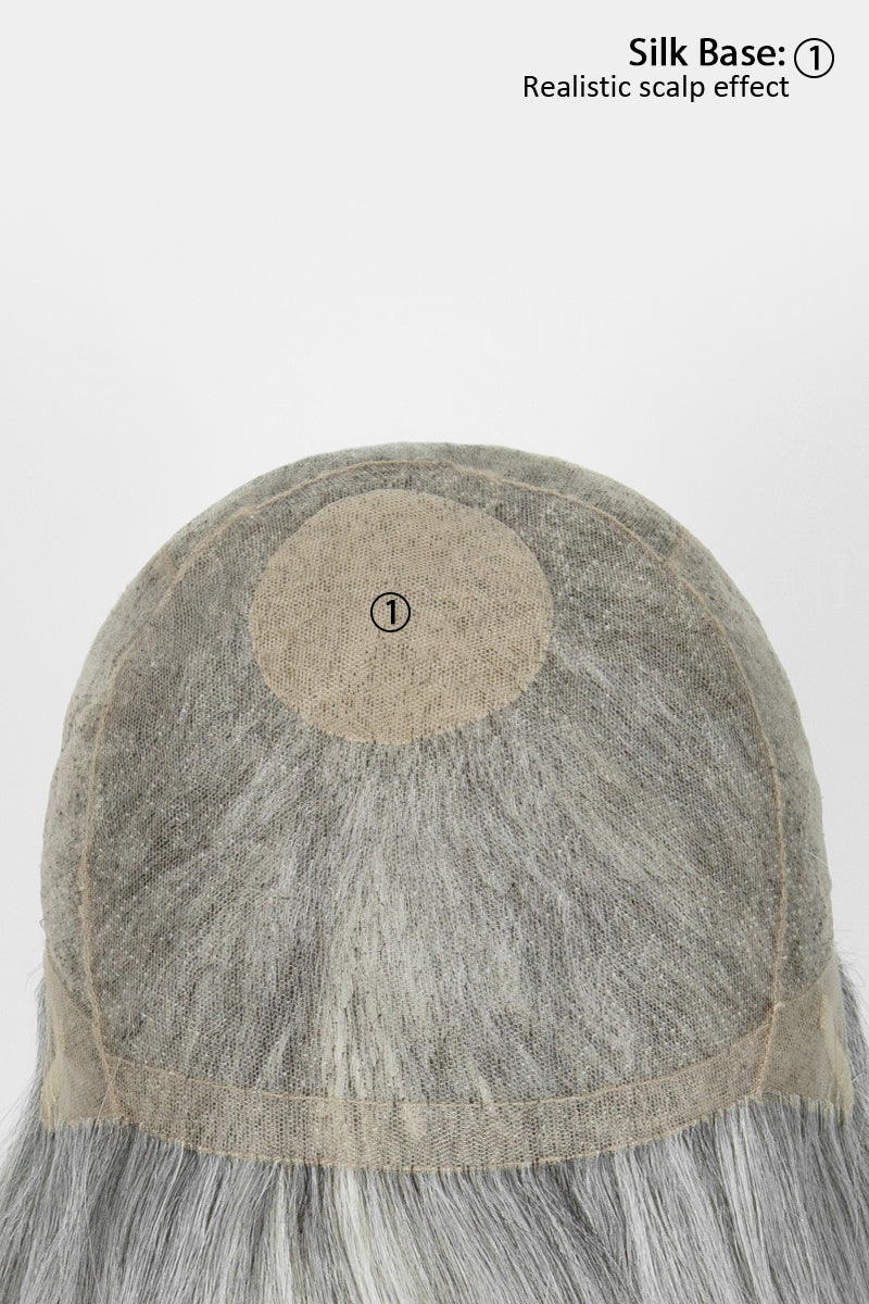 Back view of a gray synthetic wig with a realistic scalp effect and short gray hair, shown on a white background with text reading &