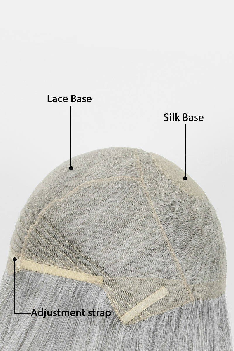 Wig cap interior back view showing lace base, silk base, and adjustment strap construction details