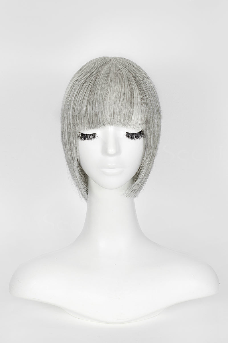 Short silver-gray wig side close-up view on mannequin head