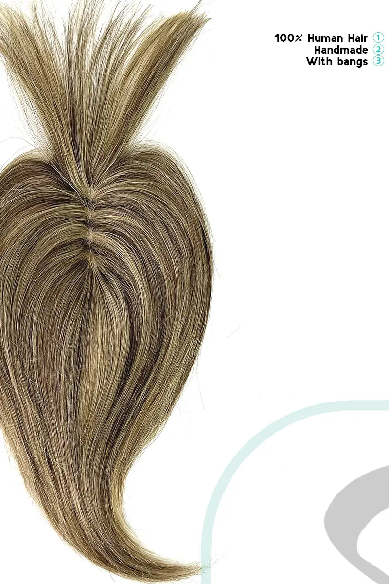 Mona-B Handmade Human Hair Topper with Bangs Medium Brown with Warm Highlights