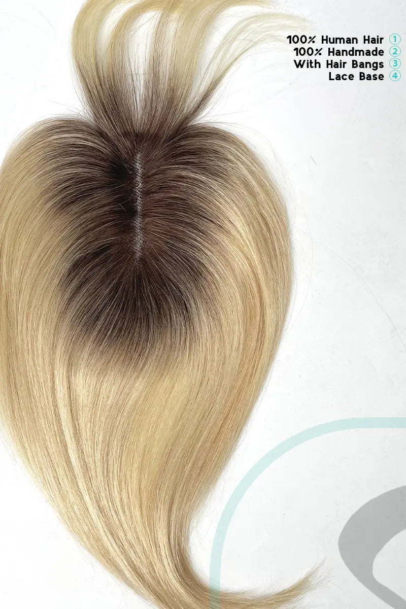 Mona-B Handmade Human Hair Topper with Bangs Light Blonde with Highlights