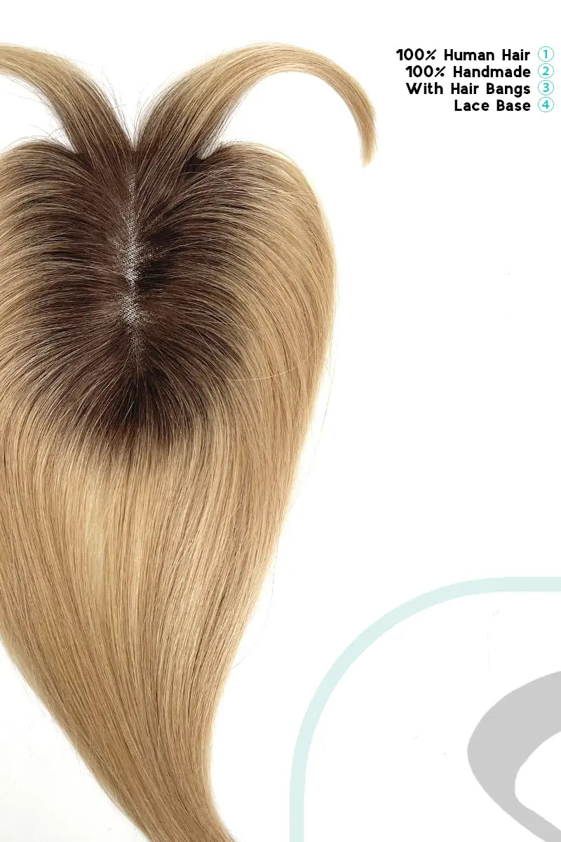Mona-B Handmade Human Hair Topper with Bangs Shaded with Medium Brown
