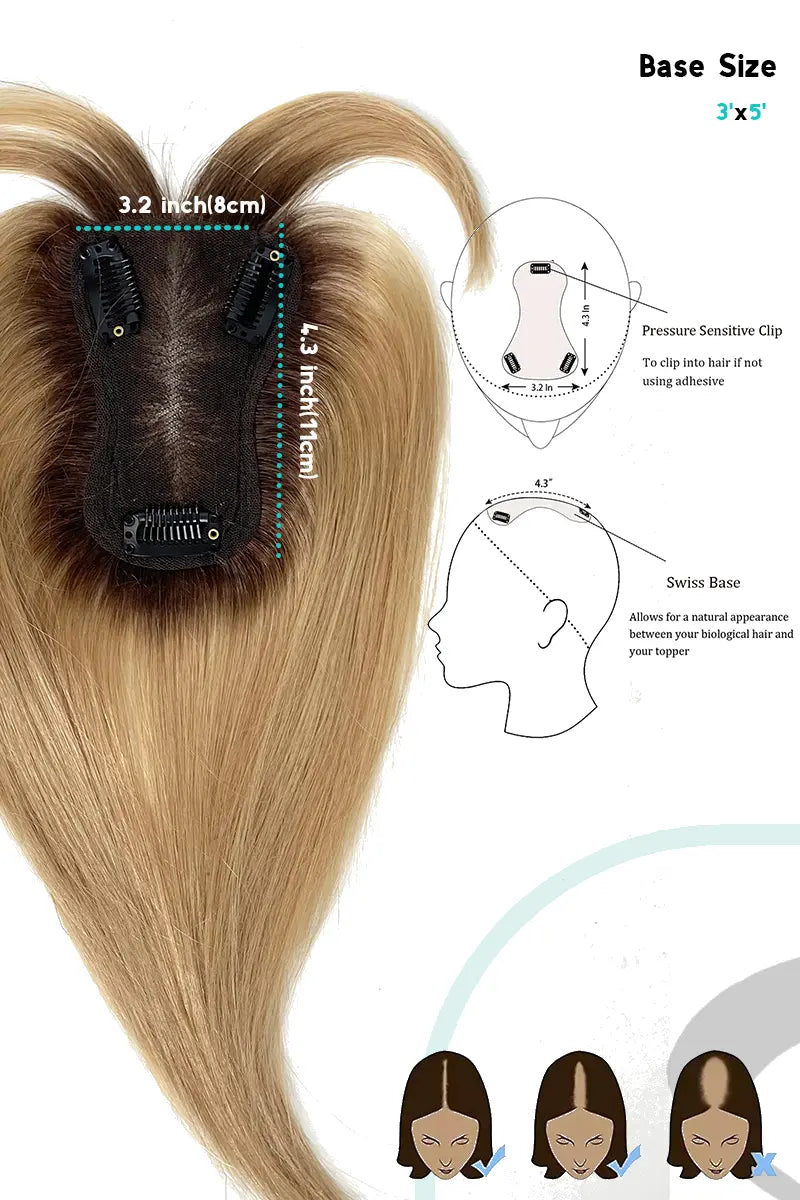 Mona-B Handmade Human Hair Topper with Bangs Shaded with Medium Brown