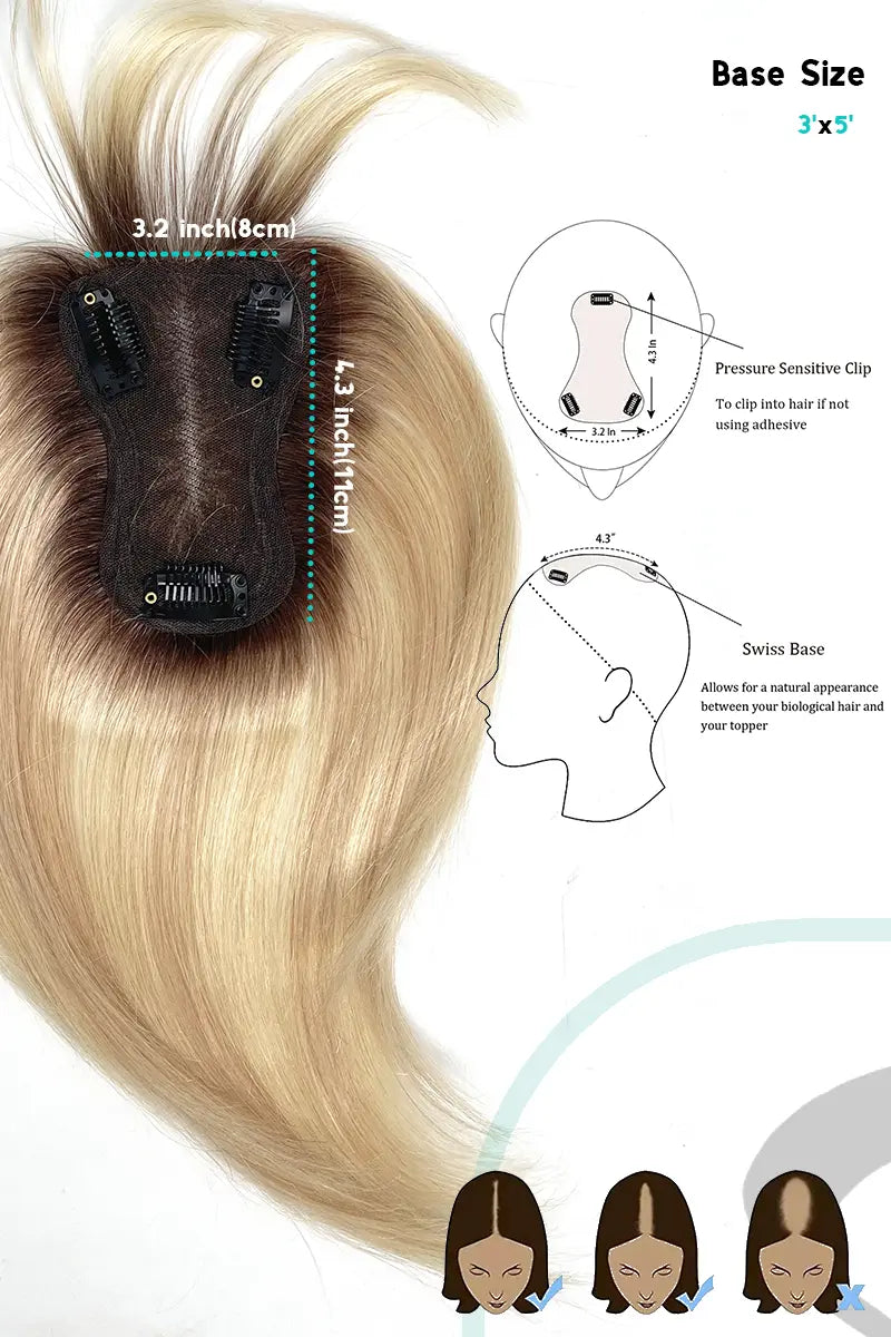 Mona-B Handmade Human Hair Topper with Bangs Light Blonde with Highlights