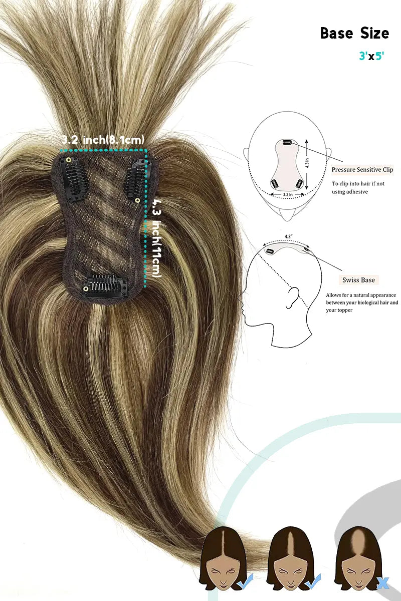 Mona-B Handmade Human Hair Topper with Bangs Medium Brown with Warm Highlights