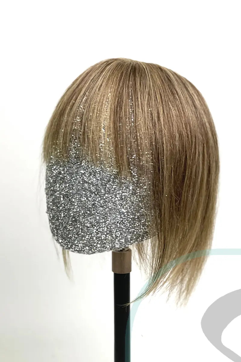 Mona-B Handmade Human Hair Topper with Bangs Medium Brown with Warm Highlights