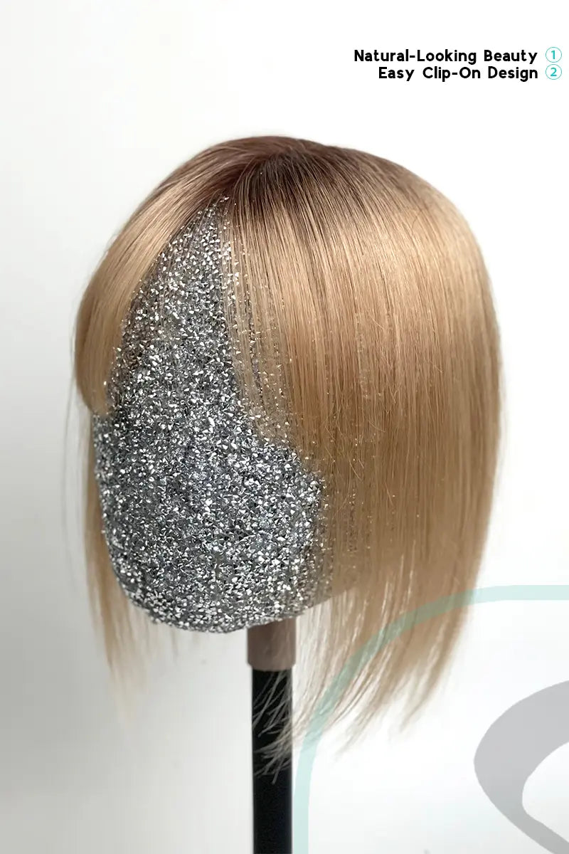 Mona-B Handmade Human Hair Topper with Bangs Shaded with Medium Brown