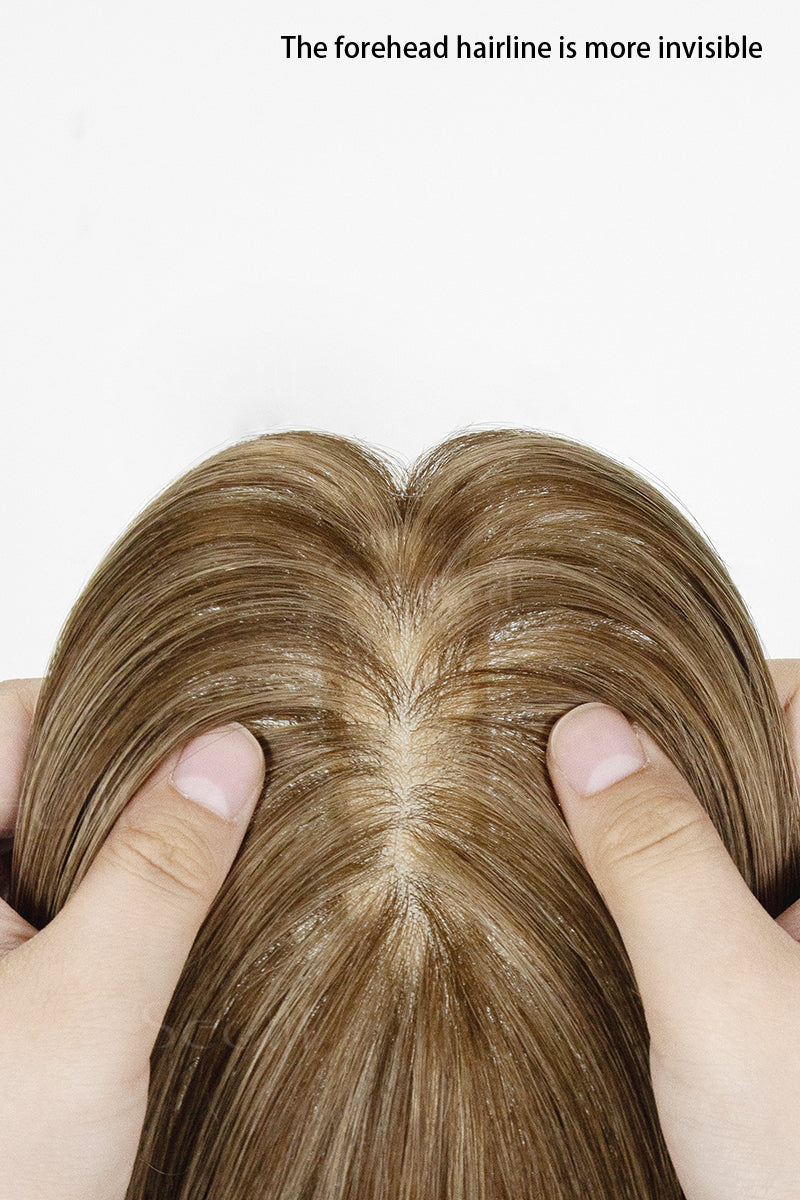 Close-up of a Hera Human Hair Topper Medium Brown with Warm Highlights