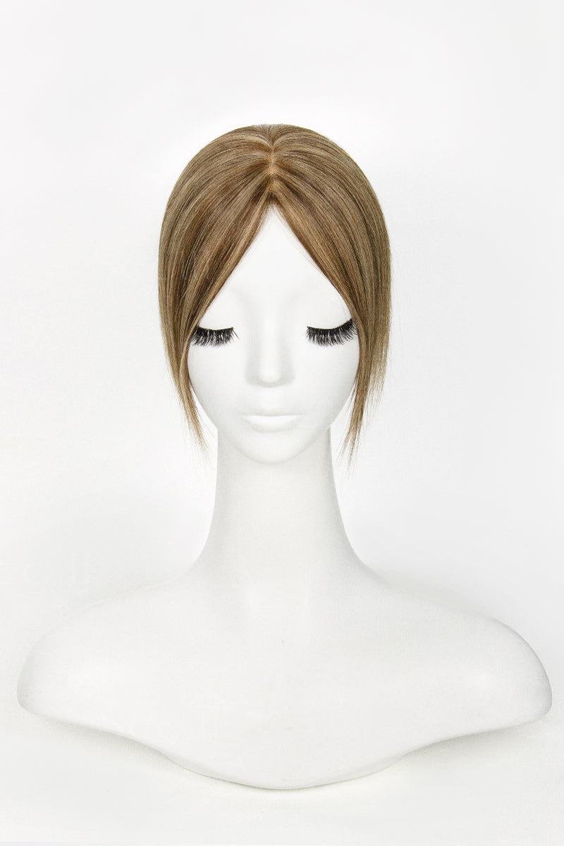 Mannequin head with a Hera Human Hair Topper Medium Brown with Warm Highlights
