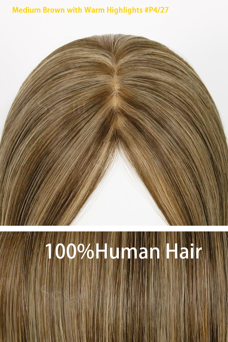 100% human hair with medium brown color and warm highlights on a white background.