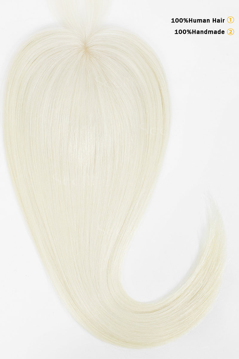 A light platinum blonde hair extension bundle with straight, silky strands, shown on a plain white background with text in the top right corner reading &