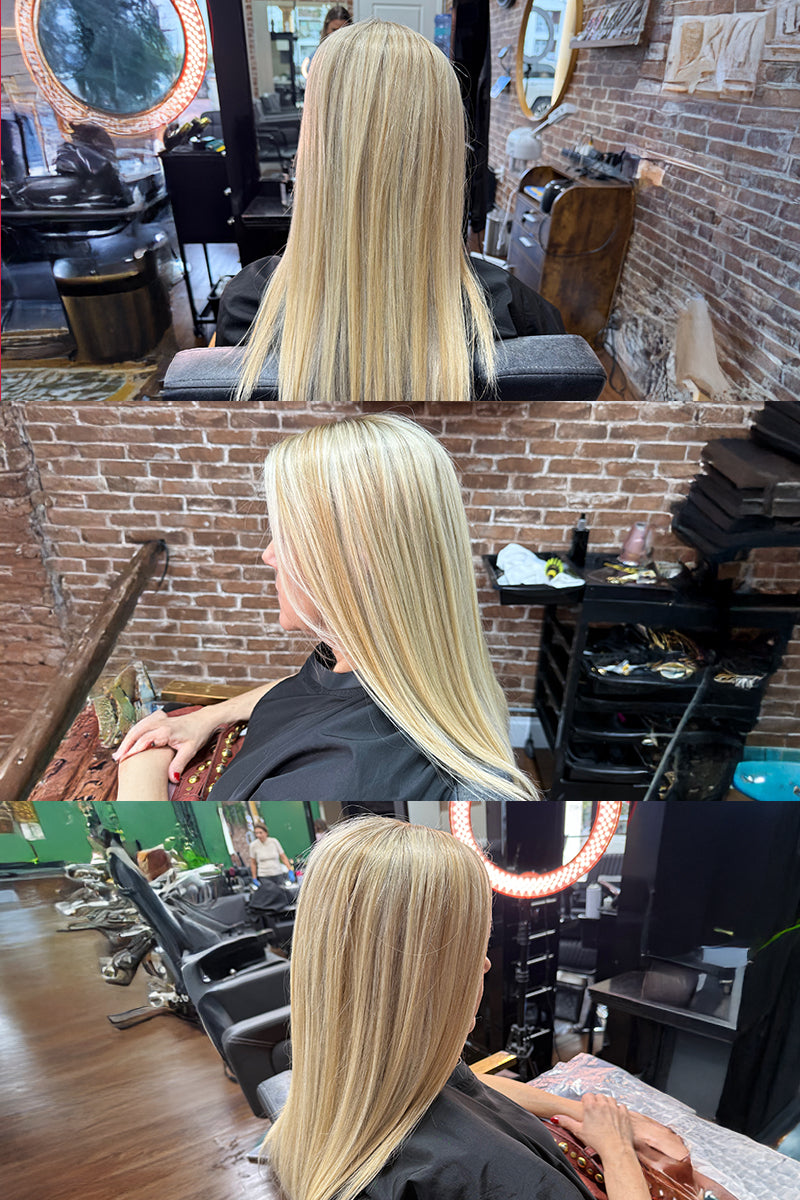 Woman with blonde hair in a salon setting, shown from different angles.