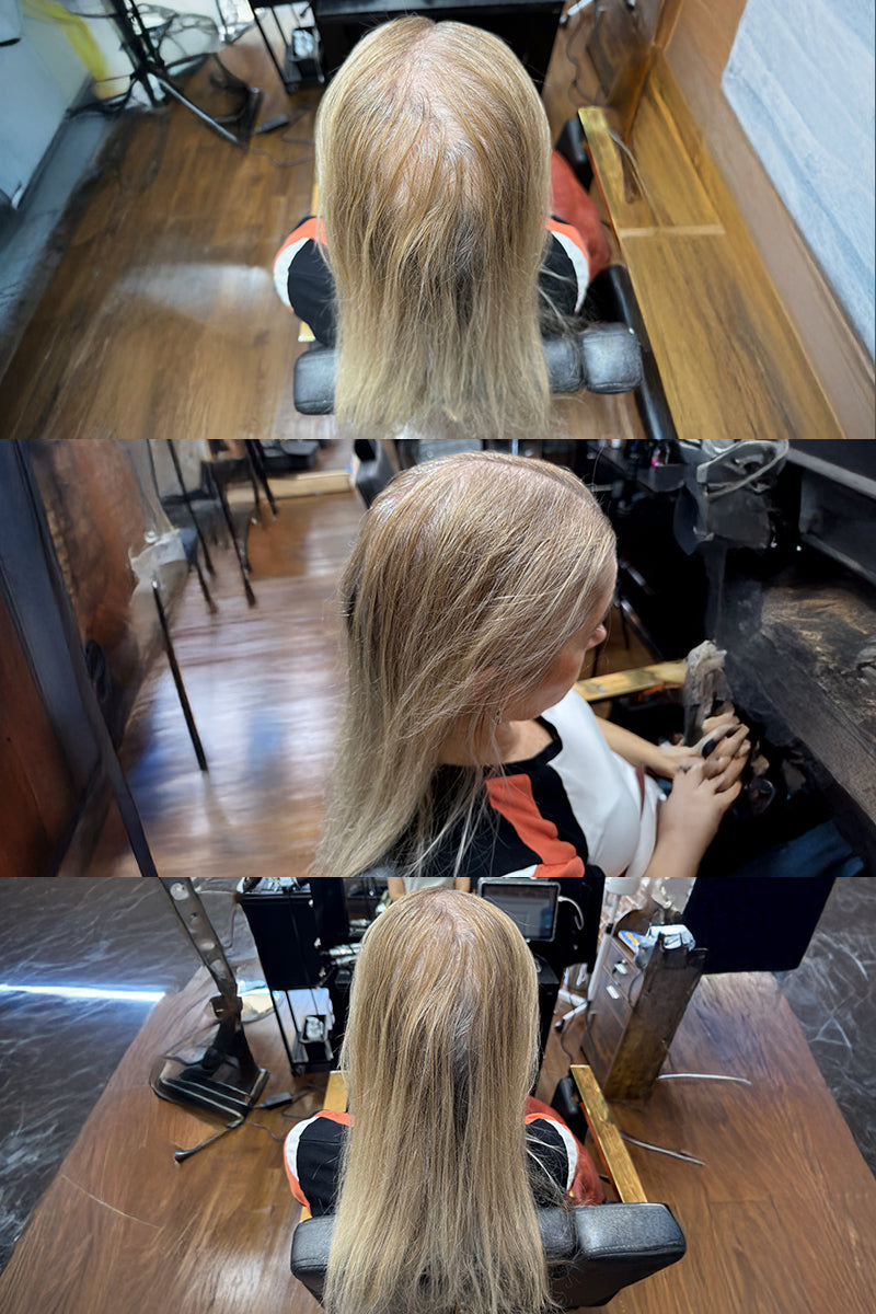 Person with blonde hair styled in a salon setting