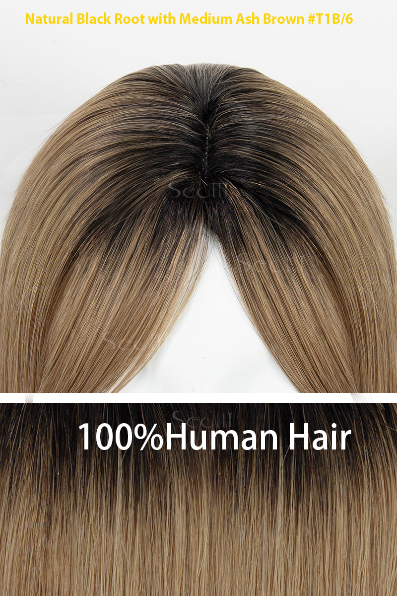 Mona-B Handmade Human Hair Topper with Bangs Natural Black Root with Medium Ash Brown