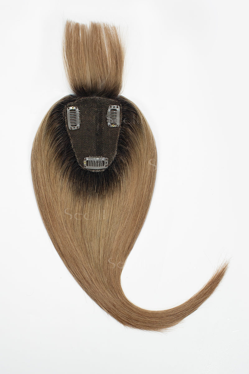 Mona-B Handmade Human Hair Topper with Bangs Natural Black Root with Medium Ash Brown