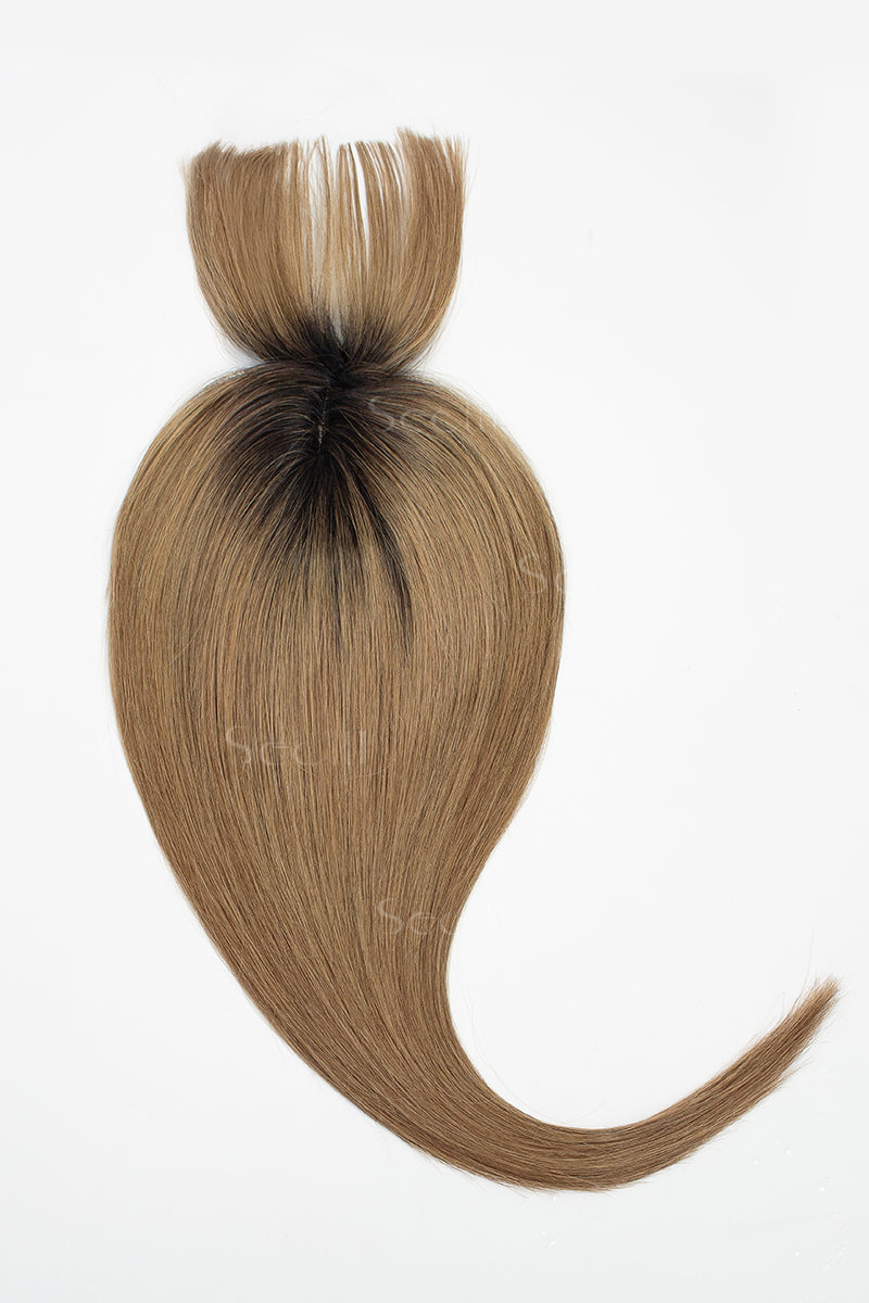 Mona-B Handmade Human Hair Topper with Bangs Natural Black Root with Medium Ash Brown