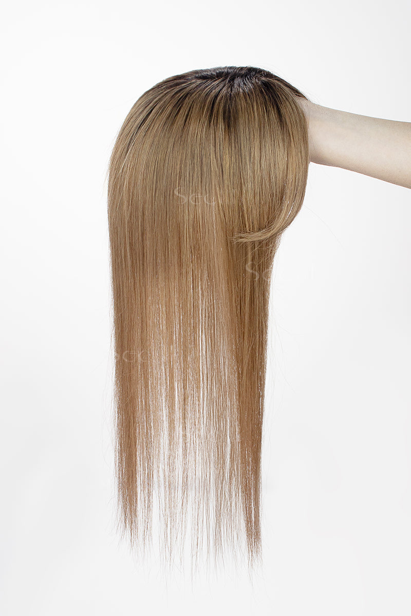 Mona-B Handmade Human Hair Topper with Bangs Natural Black Root with Medium Ash Brown