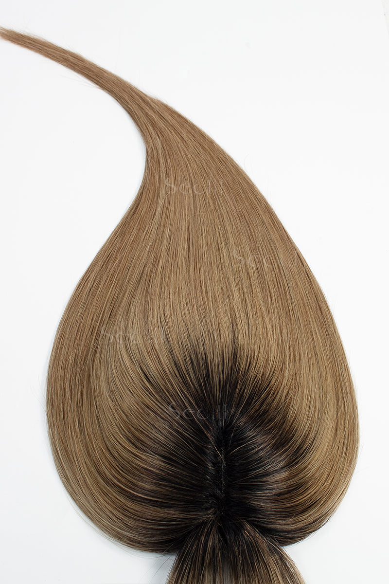 Mona-B Handmade Human Hair Topper with Bangs Natural Black Root with Medium Ash Brown