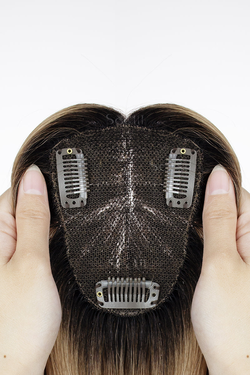 Mona-B Handmade Human Hair Topper with Bangs Natural Black Root with Medium Ash Brown