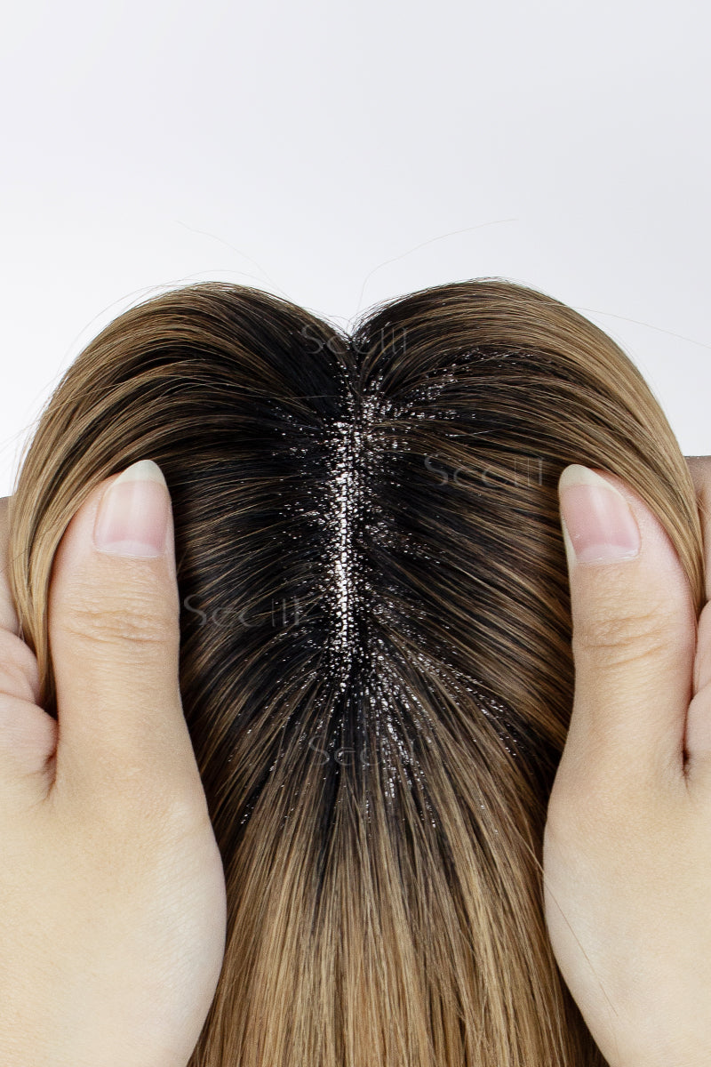 Mona-B Handmade Human Hair Topper with Bangs Natural Black Root with Medium Ash Brown