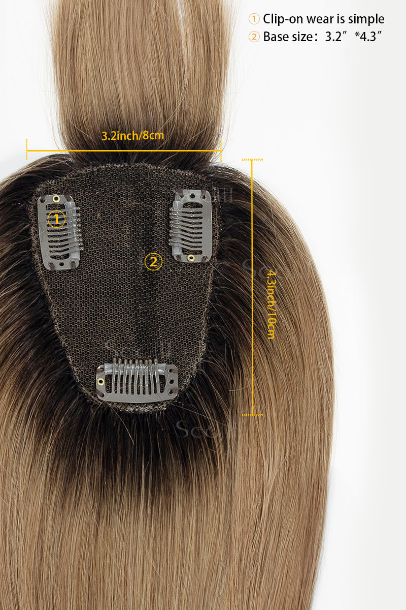 Mona-B Handmade Human Hair Topper with Bangs Natural Black Root with Medium Ash Brown