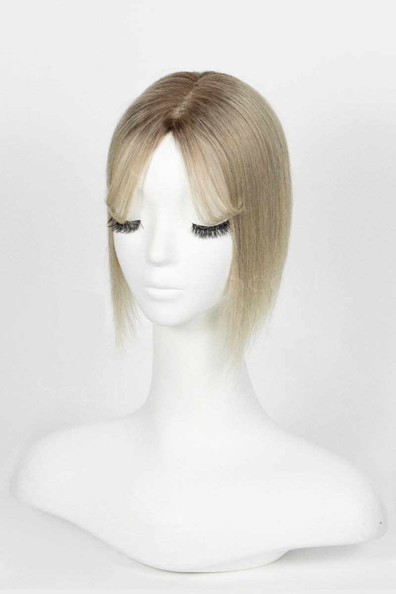 Mona-B human hair topper with bangs ombre dark brown to blonde side view