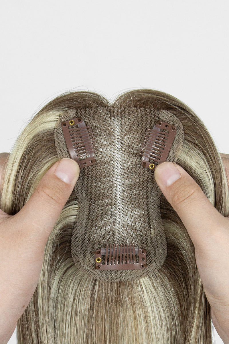 Mona Handmade Human Hair Topper Brown Blonde with Medium Brown Root