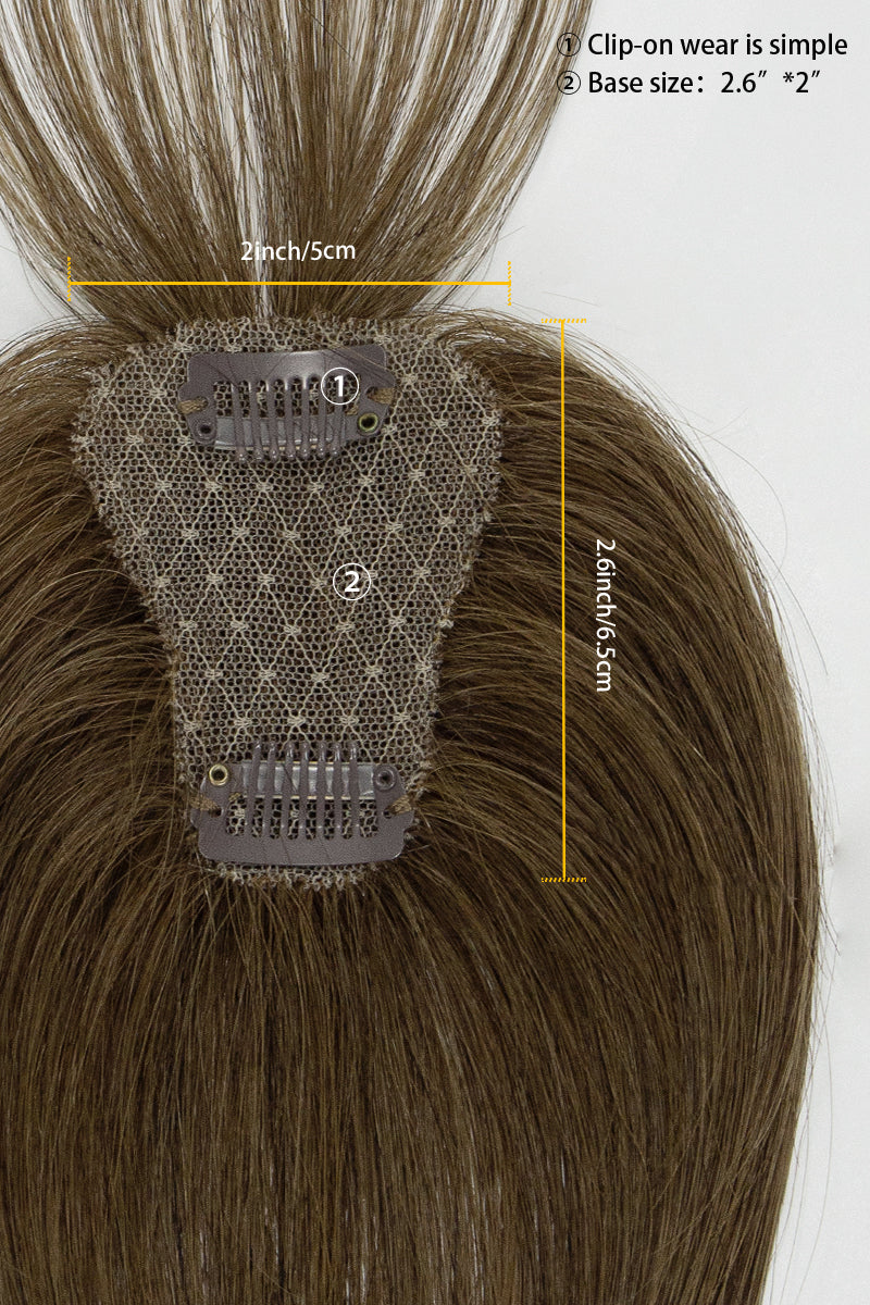 Hair topper with measurements and details on a white background