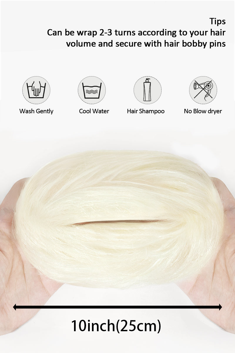 White blonde hair scrunchie stretched to 10 inches, with wrapping tips and gentle washing instructions.