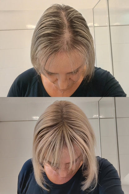 Topo de Cabelo Humano Artesanal Mona-B com Franja Ombré: Raiz Castanho Médio a Loiro 
