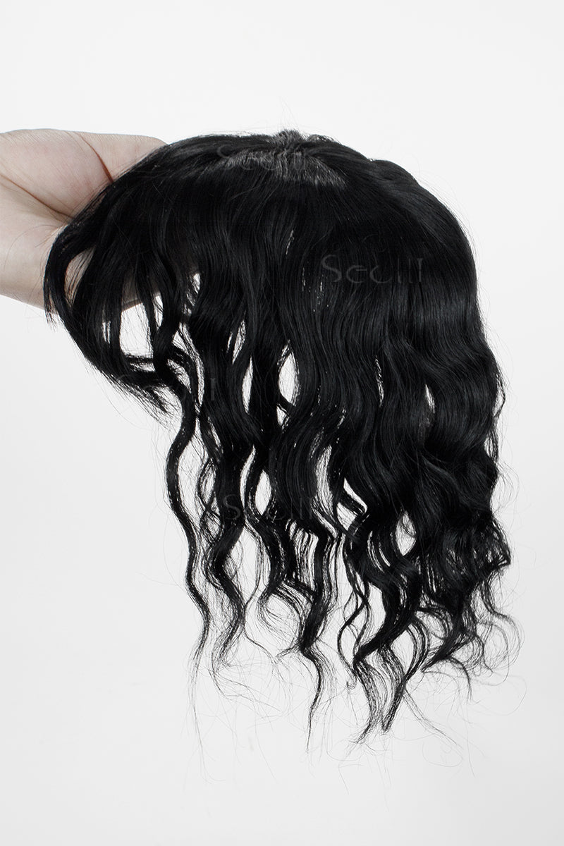 Flavia-C01 Wave Curly Human Hair Toppers with Hair Bangs Dark Black 