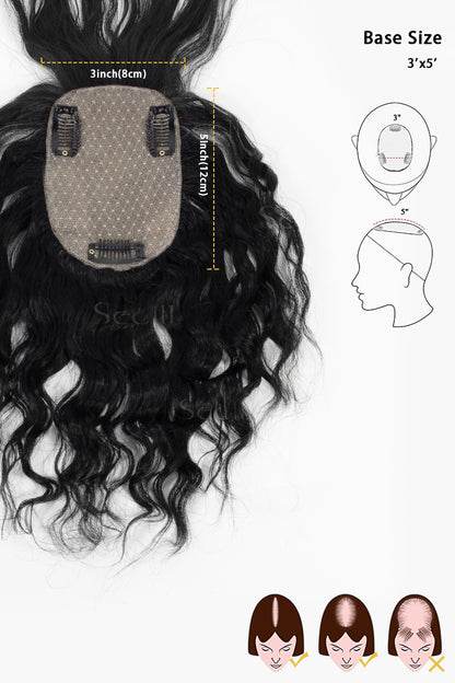 Flavia-C01 Wave Curly Human Hair Toppers with Hair Bangs Dark Black 