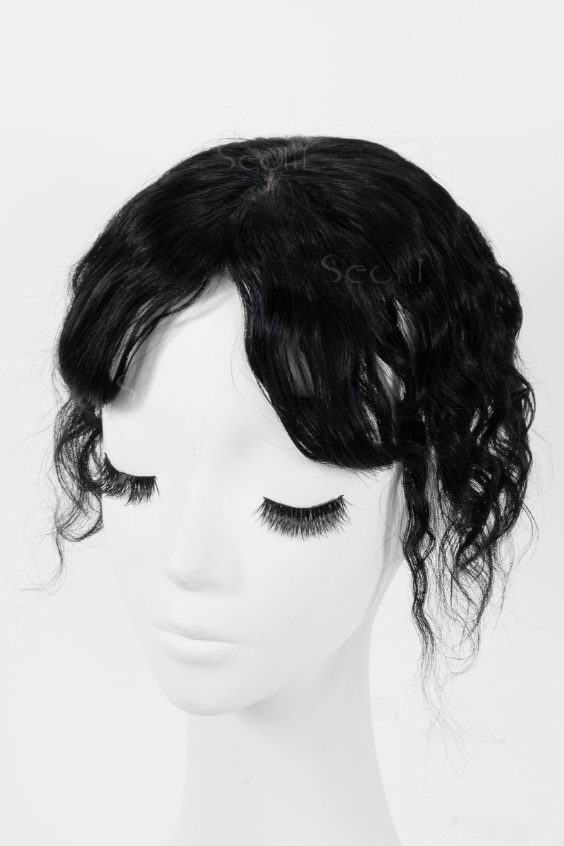 Flavia-C01 Wave Curly Human Hair Toppers with Hair Bangs Dark Black 