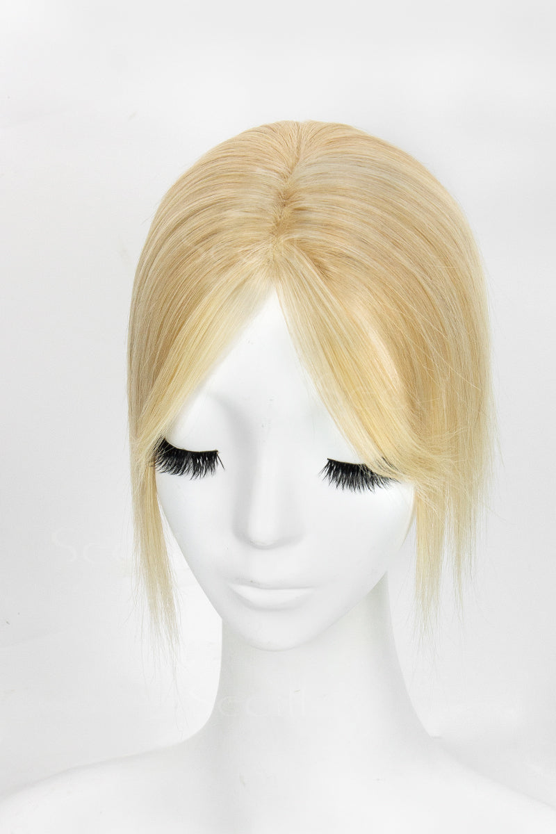 Mona-B Handmade Human Hair Topper with Bangs Light Blonde with Lightest Blonde 