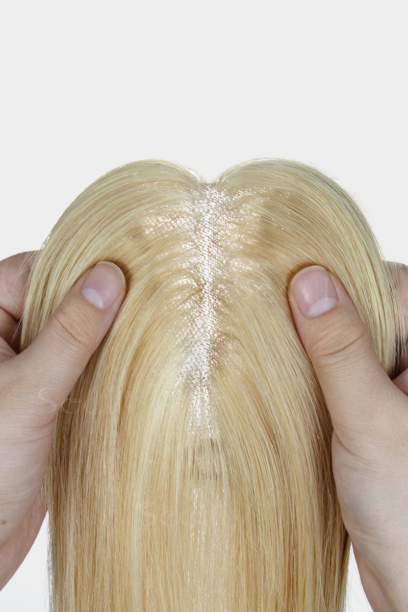 Mona-B Handmade Human Hair Topper with Bangs Light Blonde with Lightest Blonde 