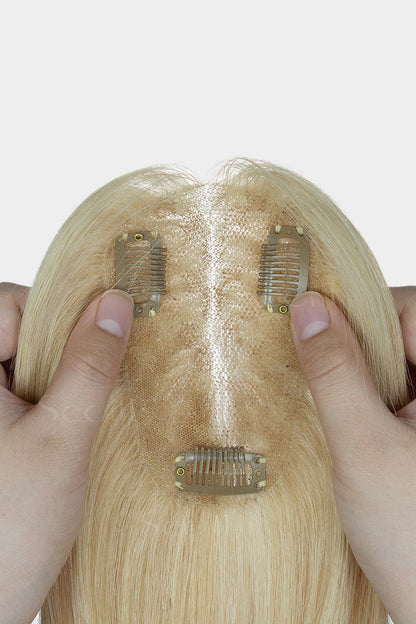 Mona-B Handmade Human Hair Topper with Bangs Light Blonde with Lightest Blonde 