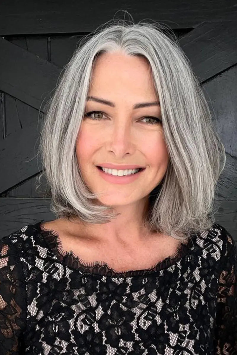 Postiche en cheveux humains Mona Brun clair Gris 