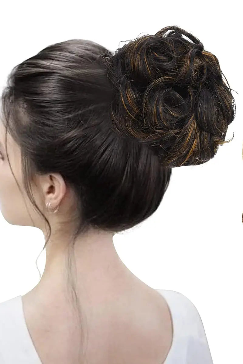 Moño desordenado Seully, pieza de cabello negro con reflejos rubios dorados