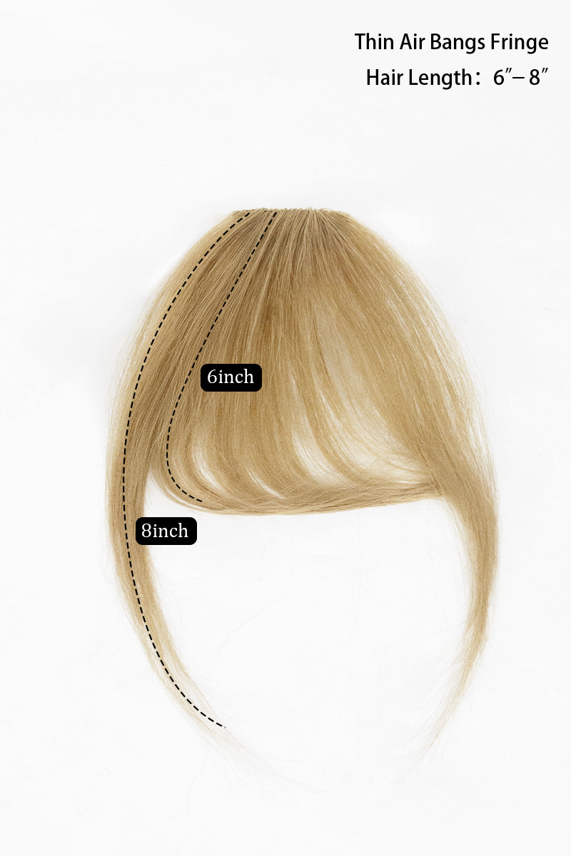 Dark Blonde  hair fringe with measurements on a white background